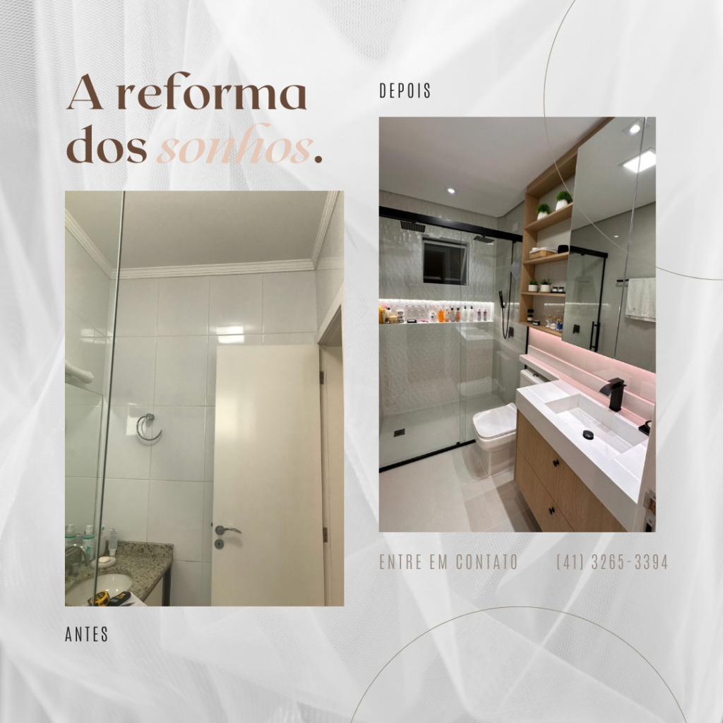 Confira transformações incríveis com antes e depois da reforma do banheiro. Inspire-se e solicite um orçamento com a Atuance Decore em Curitiba!